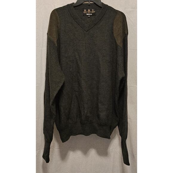 Barbour Mens Sporting V Neck Loden Wool Sweater Grey Sz XXL Army Green Patches - Picture 1 of 9
